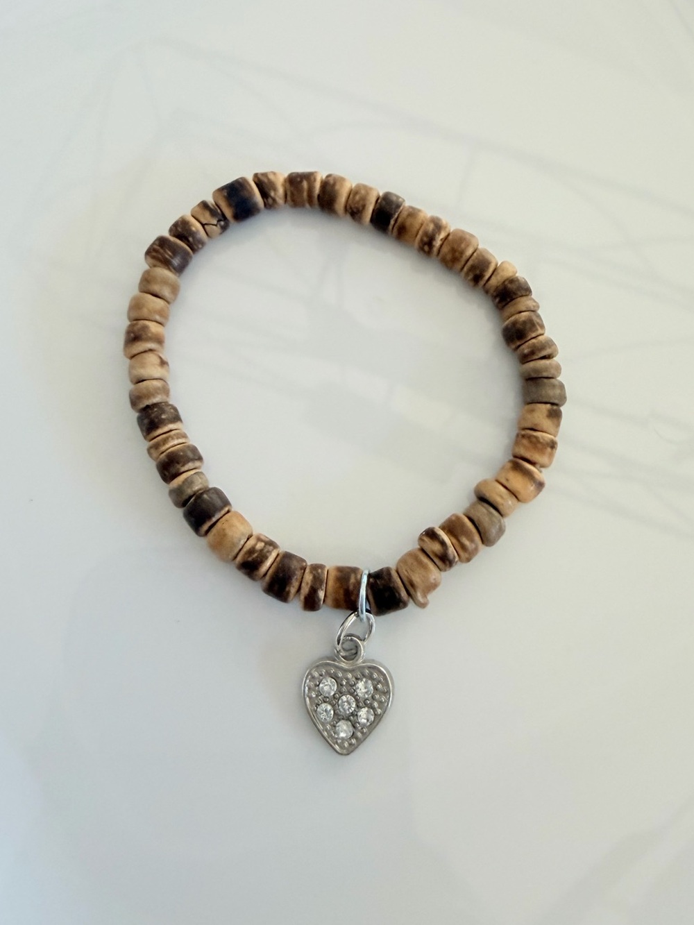 Heart Charm Natural Wood Bead Bracelet